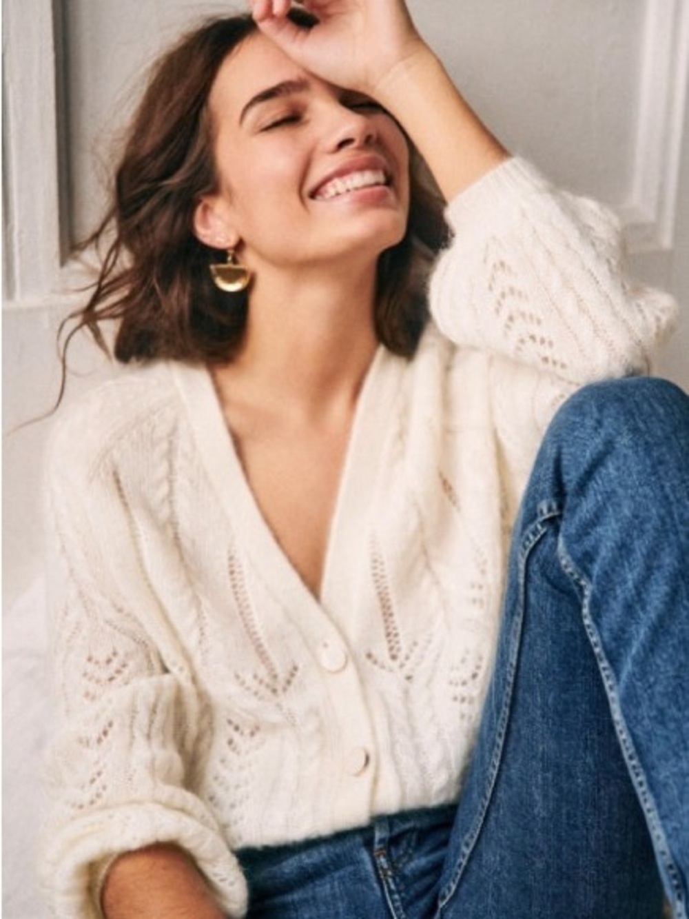 NWT Sezane Gilet Augustine Ecru Cozy Cream V-Neck Cable Knit Cardigan Sweater XL